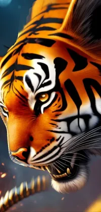 This phone live wallpaper features a digital art depiction of a fiery tiger up close, with intricate details and vibrant colors