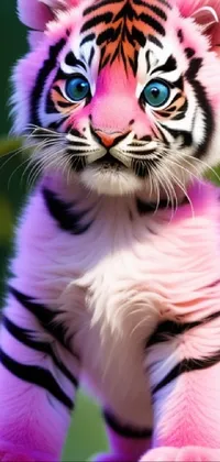 This live phone wallpaper depicts a close-up view of a toy tiger in a vibrant pink forest background