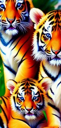 This stunning phone live wallpaper showcases a pair of majestic tigers sitting together