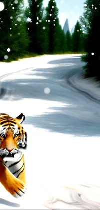 This phone live wallpaper showcases a digital painting of a tiger walking in snowy terrain