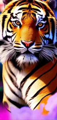 This phone live wallpaper showcases a stunning close-up of a majestic tiger in a field of colorful flowers