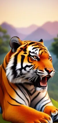 Enhance your phone's display with this vibrant live wallpaper of a fierce tiger laying on top of a lush green field