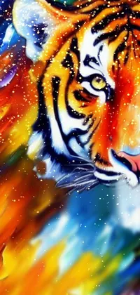 This phone live wallpaper features a stunning close-up of a painted tiger in vibrant, bold colors and dynamic brushstrokes