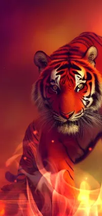 This phone live wallpaper features a stunning digital painting of a tiger walking through water