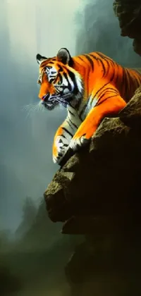 This stunning phone live wallpaper features a tiger resting on a rock in a jungle setting