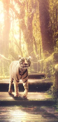 Experience the serene beauty of nature by adorning your phone with our stunning live wallpaper of a majestic white tiger walking across a wooden bridge in the middle of a lush forest