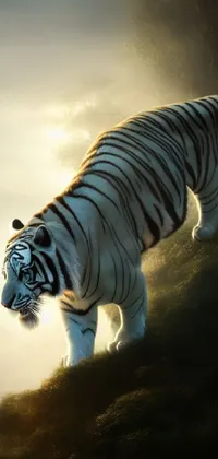 This live phone wallpaper showcases a photorealistic digital painting of a magnificent white tiger walking on a vibrant green hillside during sunrise