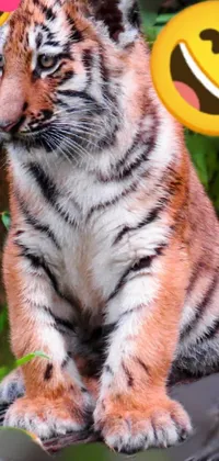 Get a lively and dynamic phone live wallpaper that features an adorable tiger cub sitting on a log surrounded by lush greenery