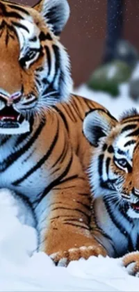 This phone live wallpaper features two tigers lounging on the snow