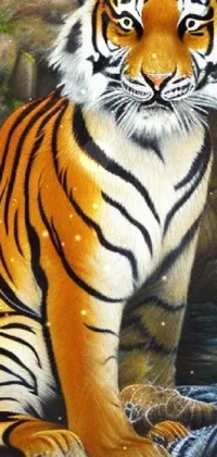 Experience a stunning live wallpaper for your phone featuring a hyper-realistic painting of a fierce tiger enjoying the misty beauty of a cascading waterfall