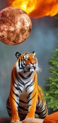 This live phone wallpaper showcases a majestic tiger standing on a rock amidst a fiery forest