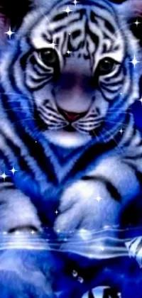 This high-definition phone live wallpaper showcases a serene white tiger resting on top of a glowing blue body of water