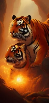 This phone live wallpaper depicts two tigers standing together amid an orange glow