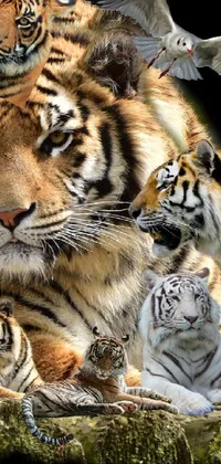 This phone live wallpaper depicts a stunning 3D collage of a pair of tigers lounging together against a beautiful Sumatraism background