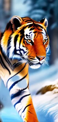Enhance your phone screen with a stunning live wallpaper featuring a painting of a tiger walking through the snow