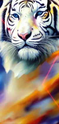This phone live wallpaper features an airbrush painting of a tiger in dominating shades of white and blue