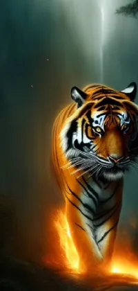 Enjoy the stunning beauty of a Bengal tiger walking through a forest at night with this phone live wallpaper