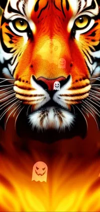 This phone live wallpaper depicts a fierce, digitally rendered, close-up of a tiger's face on a black background