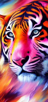 This phone live wallpaper showcases a realistic airbrush painting of a tiger in vibrant pink and orange hues