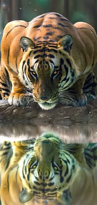 This stunning live wallpaper showcases a close-up of a majestic tiger standing near a calm body of water