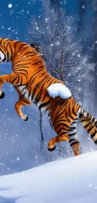 This phone live wallpaper features a stunning photorealistic digital art image of a tiger jumping through a snowy landscape, surrounded by a herd of zebras