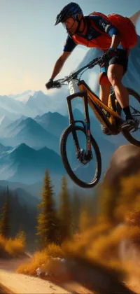 Enjoy amazing digital art with this 4k vertical wallpaper featuring a man riding a bicycle up a mountain during the fall season