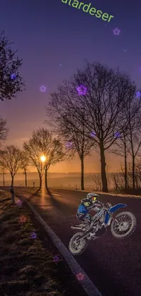 This amazing phone live wallpaper showcases a stunning motorcycle parked beside a serene forest road