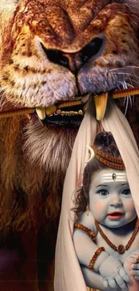 This phone wallpaper features an adorable image of a baby and a lion