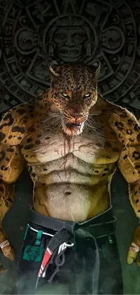 This live wallpaper showcases a stunning digital rendering of a man with a powerful leopard perched on his chest