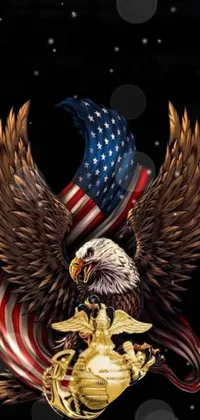 This stunning live phone wallpaper features a detailed illustration of an eagle with shimmery gold wings and sharp talons, holding the American flag on a black background