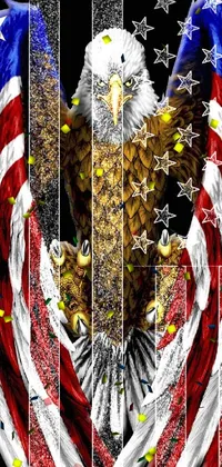 This phone live wallpaper showcases a large digital eagle perched on an American flag against a background of spangles and banners