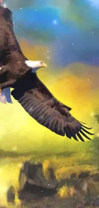 This live wallpaper features a striking painting of a bald eagle flying over a river, surrounded by ancient trees and a beautiful canyon landscape