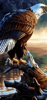 This phone live wallpaper features a detailed painting of a bald eagle on a tree branch