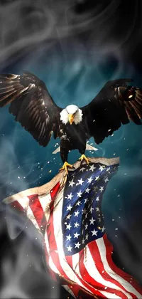 This live wallpaper for your mobile phone features an impressive bald eagle sitting atop an American flag