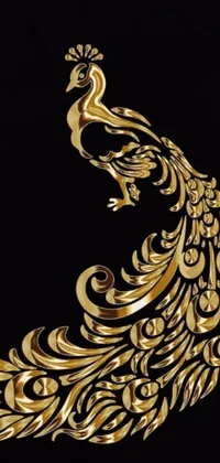 This phone live wallpaper boasts a beautiful golden peacock set against a sleek black background