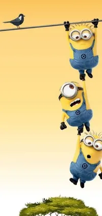 This live wallpaper for your phone features a group of mischievous minions hanging from a thin wire against a pale yellow background