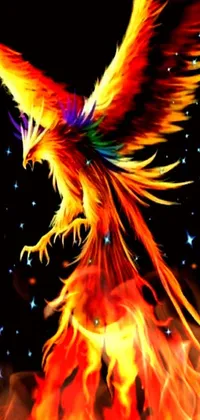 This lively phone wallpaper showcases a fiery bird soaring majestically through a night sky