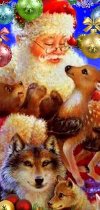 This phone live wallpaper features a playful Santa Claus riding atop a beautifully illustrated fox and deer