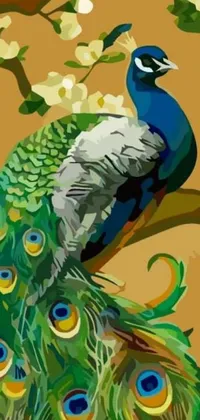 This peacock tree live wallpaper features a beautifully detailed painting of a peacock perched atop a branch