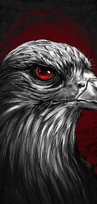 This phone live wallpaper features a stunning, close-up image of a bird of prey with piercing red eyes