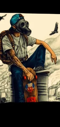 Experience a dynamic live wallpaper on your phone with a captivating image of a man sitting atop a barrel while holding his skateboard