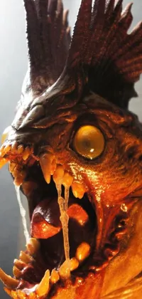 This live wallpaper depicts a menacing fish statue with an open-mouthed expression