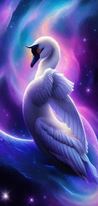 Bring life to your phone with our stunning live wallpaper! Featuring a majestic white swan perched atop a captivating purple and blue galaxy, this magnificent design showcases exquisite fantasy art and incredible avatar pictures