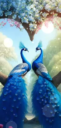 Get mesmerized by this live phone wallpaper featuring two majestic peacocks standing in front of a stunning heart-shaped tree