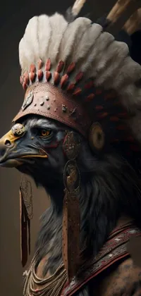This digital art phone live wallpaper showcases a close-up of a bird wearing an intricate feather headdress, inspired by American Indian culture and its love for nature