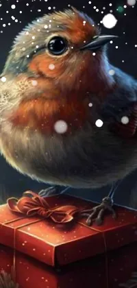 This phone live wallpaper features an adorable bird perched on a vibrant red box, offering gifts to people
