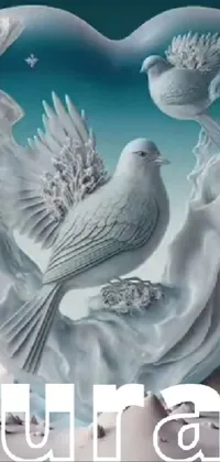 This live wallpaper for your phone features two birds sitting on top of a heart with an airbrushed painting in the background