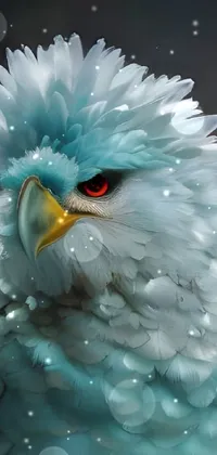 This phone live wallpaper features a stunning realistic 3D render of a white eagle with red eyes and a mohawk, portrayed as an airbrush painting