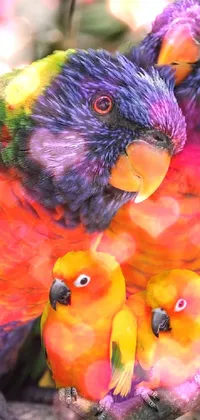 This stunning live wallpaper displays colorful Australian birds perched on a rope in a romantic portrait-style composition