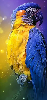 This phone live wallpaper features a stunningly beautiful digital painting of a colorful bird sitting atop a tree branch